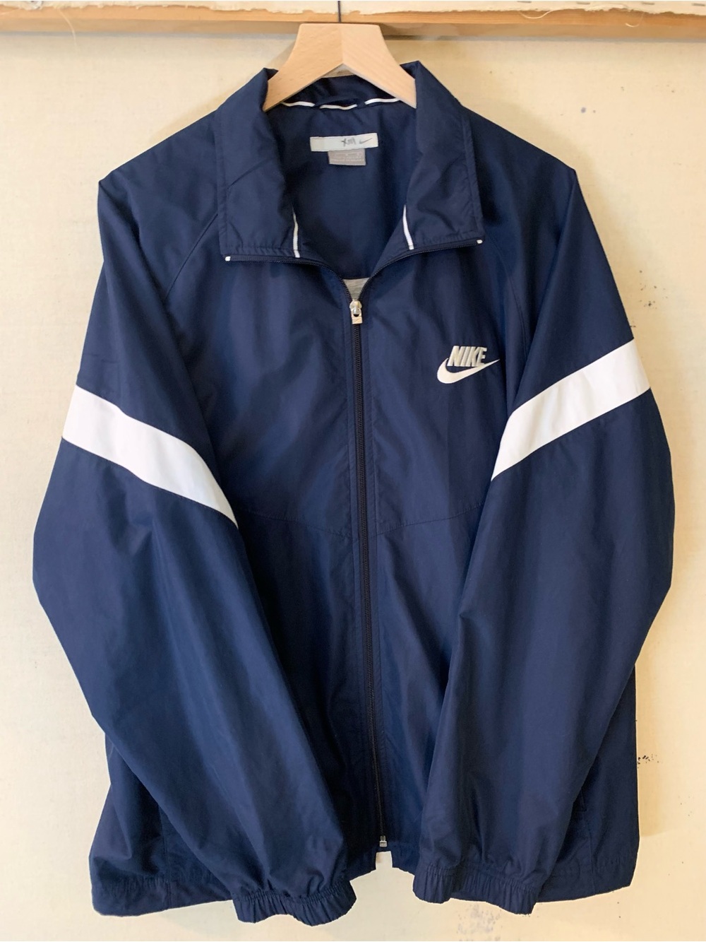 Vintage Nike Navy Blue Windbreaker with White Stripe Accent, Men’s Large